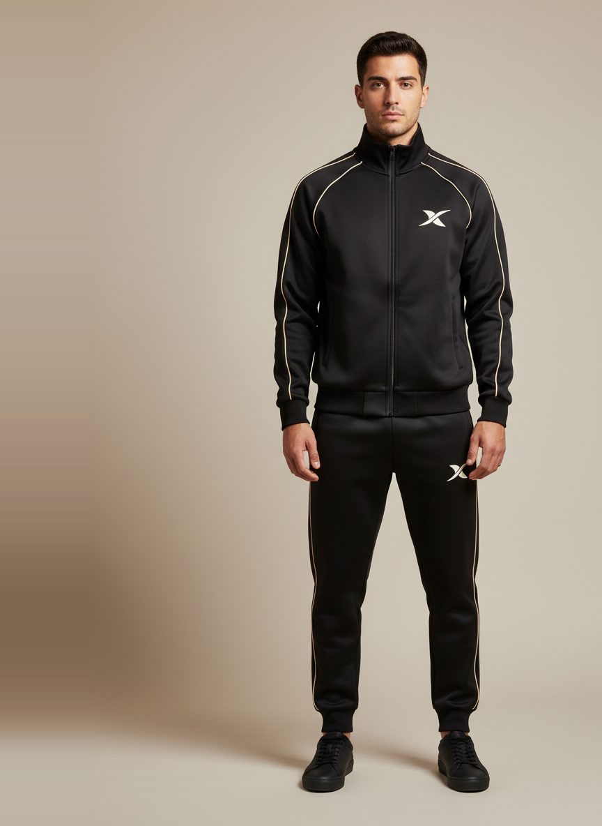 L'ensemble Arc Piping porté, vu de face : blouson zippé noir, liseré bone de l'aisselle à l'épaule puis jusqu'au poignet.