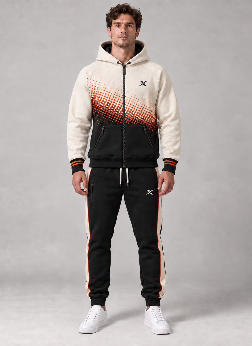 L'ensemble Capuche V2 Zip porté, vu de face, coloris Ember : sweat à capuche zippé ivoire et noir, dégradé de carrés orange, jogger noir.