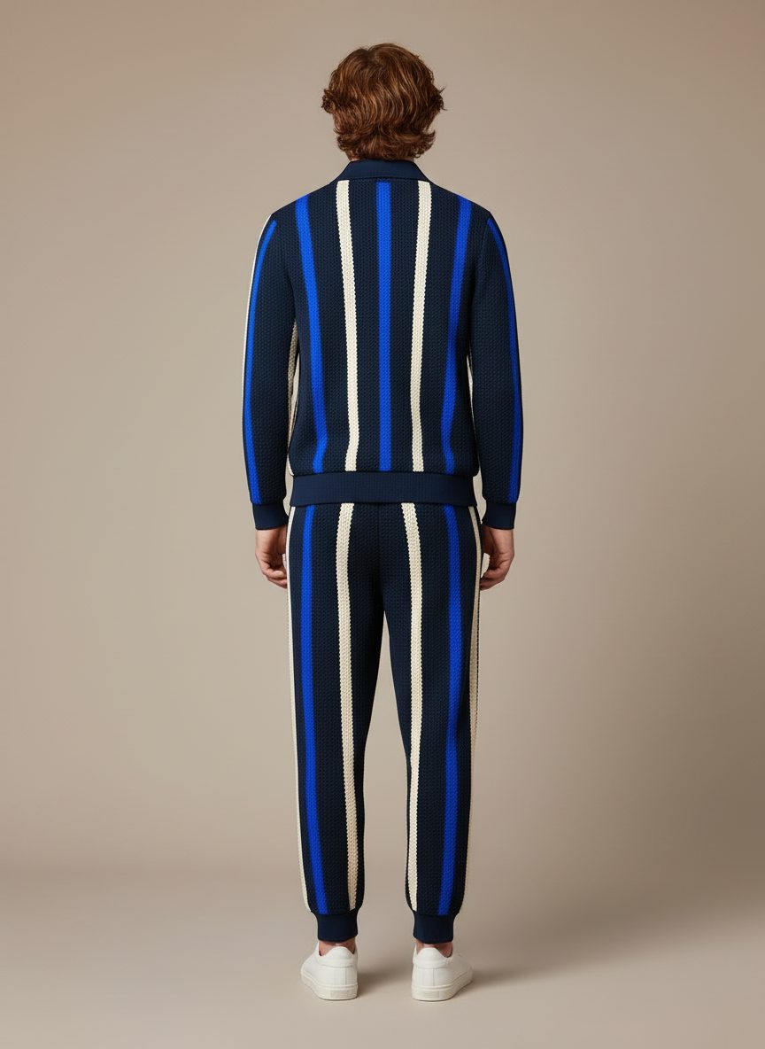Le même ensemble vu de dos : les rayures verticales continuent sur le dos du blouson et du pantalon.