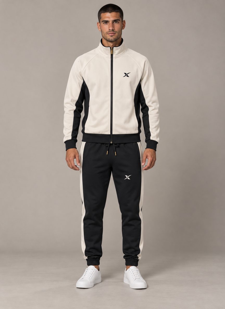 L'ensemble Side Panel Zip porté, vu de face : veste zippée col montant et jogger assortis.