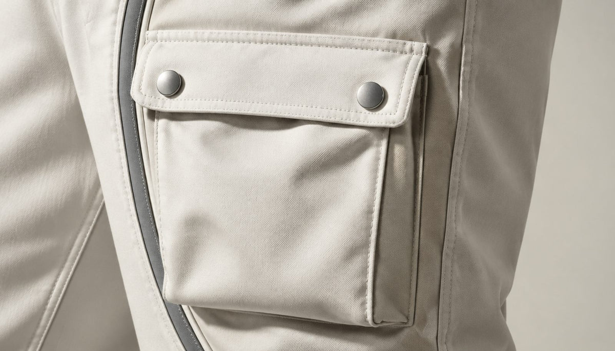 Gros plan sur une poche cargo à rabat pressionné sur la cuisse.