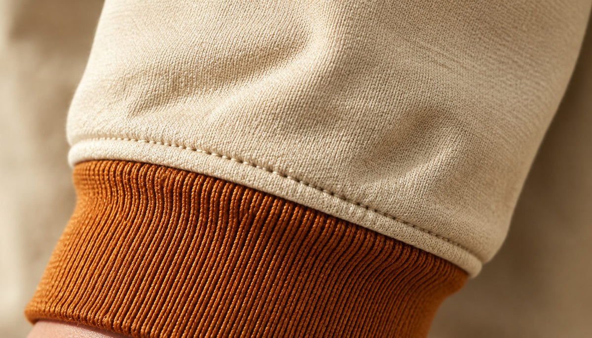 Close-up of the contrast ribbed cuff and the end of the sleeve.
