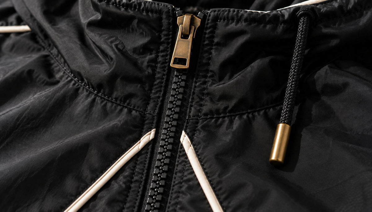 Gros plan sur le zip intégral à ruban noir, la tirette bronze et un cordon de la capuche à embout bronze.