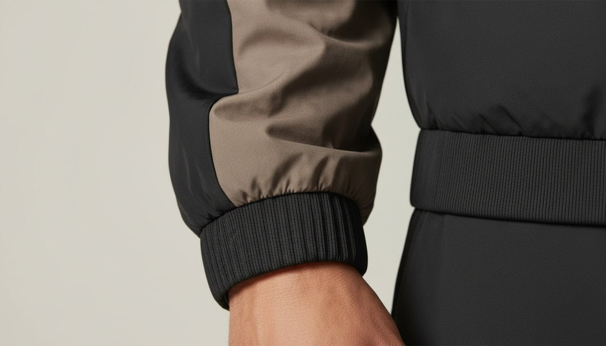 Gros plan sur le poignet élastiqué en fin de manche taupe.