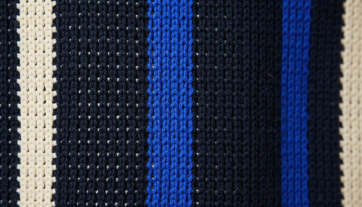 Gros plan sur la maille ajourée marine, entre des rayures verticales écru et bleu vif.