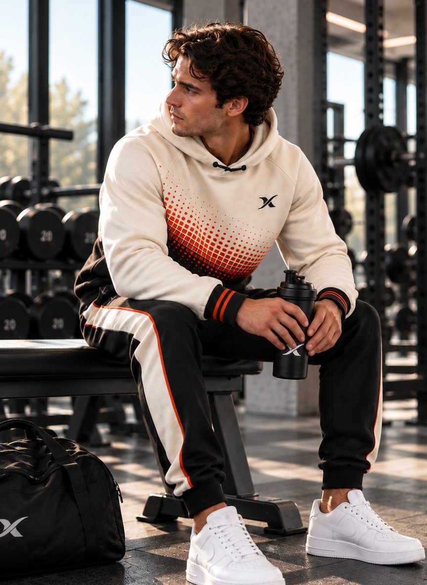 A man seated on a weight bench, in an ivory hoodie with an orange dot gradient and black joggers, water bottle in hand