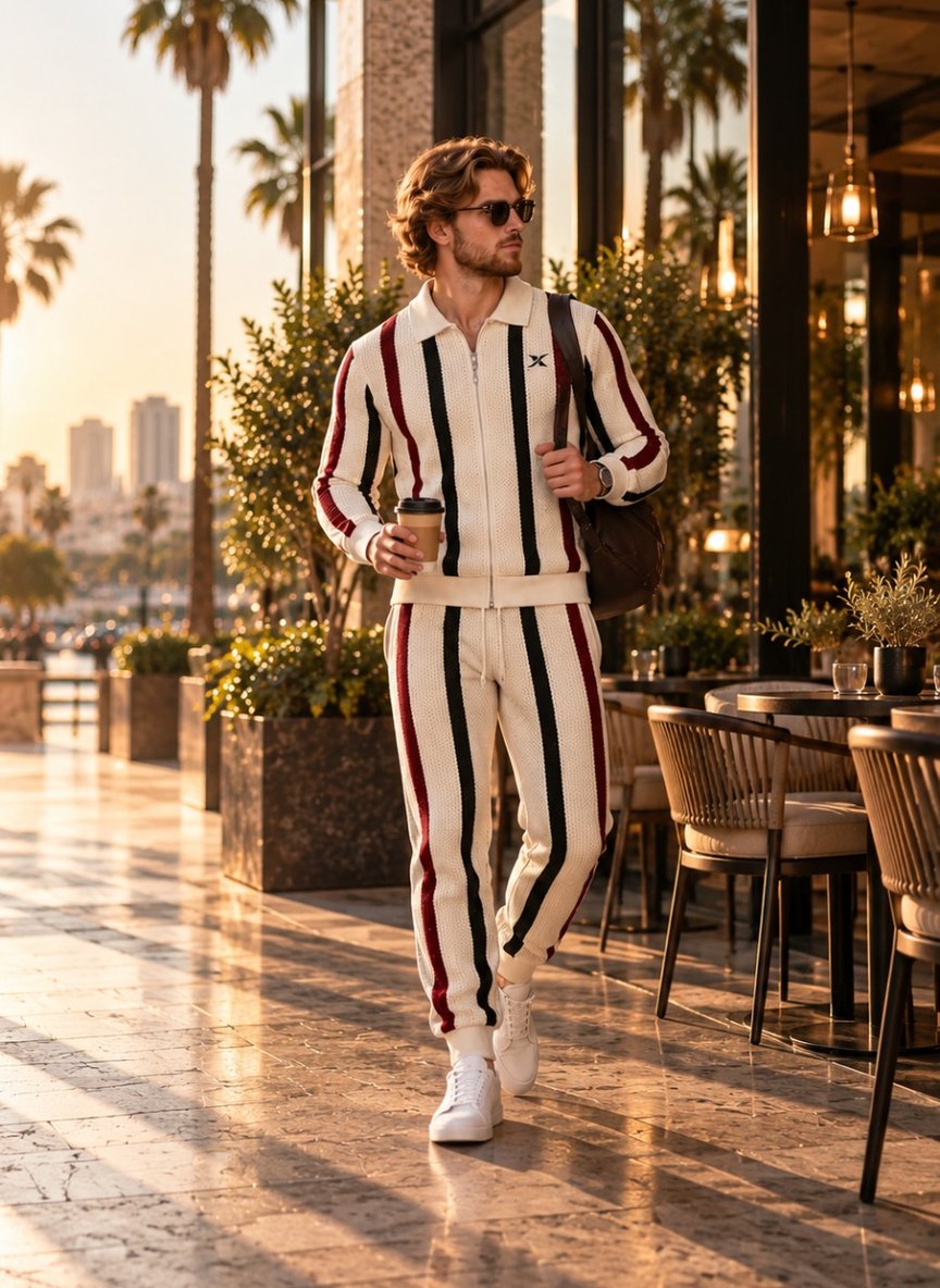 A man walks on a café terrace at sunset, in an ecru tracksuit with vertical burgundy and ink stripes, a coffee in hand