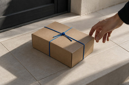Un colis en carton kraft fermé par une cordelette bleue, posé sur le seuil d'une porte, une main s'apprêtant à le prendre.