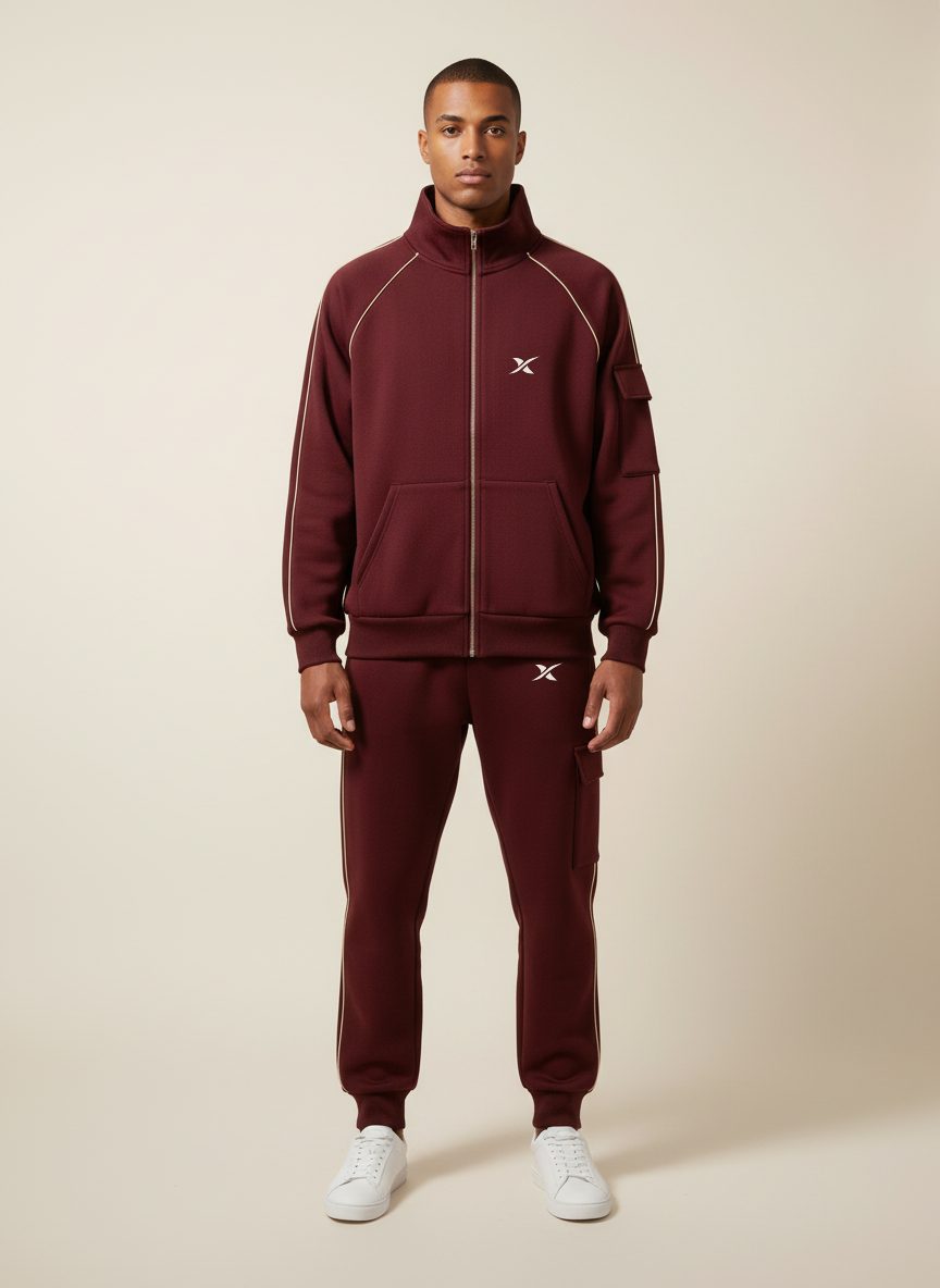 The Cargo Zip set worn, front view, Original colourway: zip-up jacket with stand collar and matching joggers.