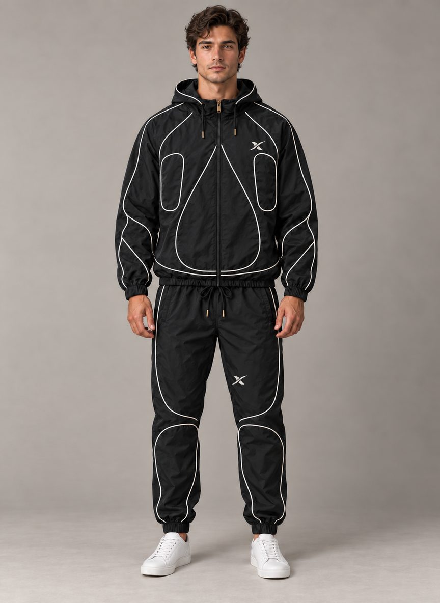 L'ensemble Loop Piping Capuche porté, vu de face : veste à capuche zippée et jogger assortis.