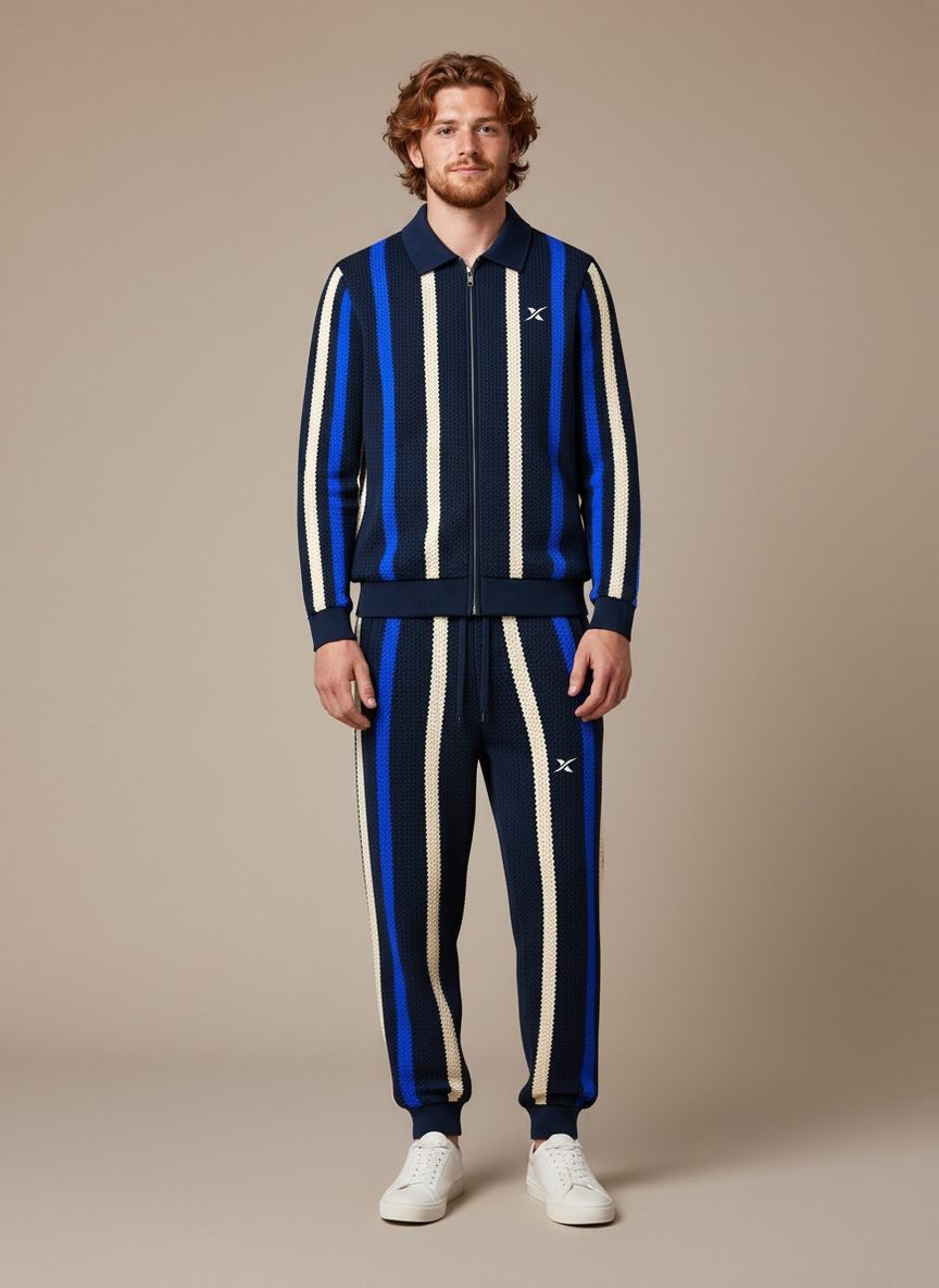 L'ensemble Riviera Stripe V2 ML porté, vu de face, coloris Bleu Marlin : blouson zippé en maille marine à manches longues, rayures verticales écru et bleu vif, pantalon assorti à bas côtelé.