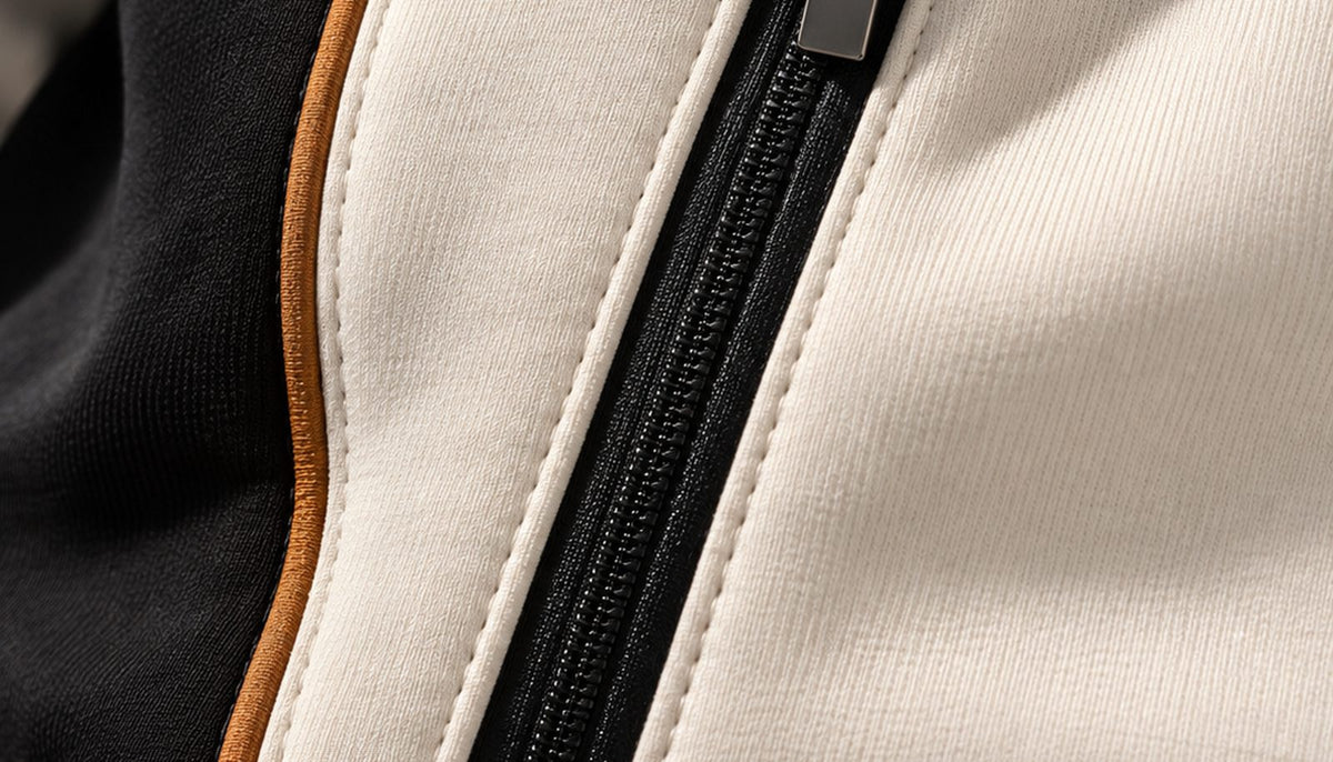 Gros plan sur une poche zippée en biais sur le devant de la veste.