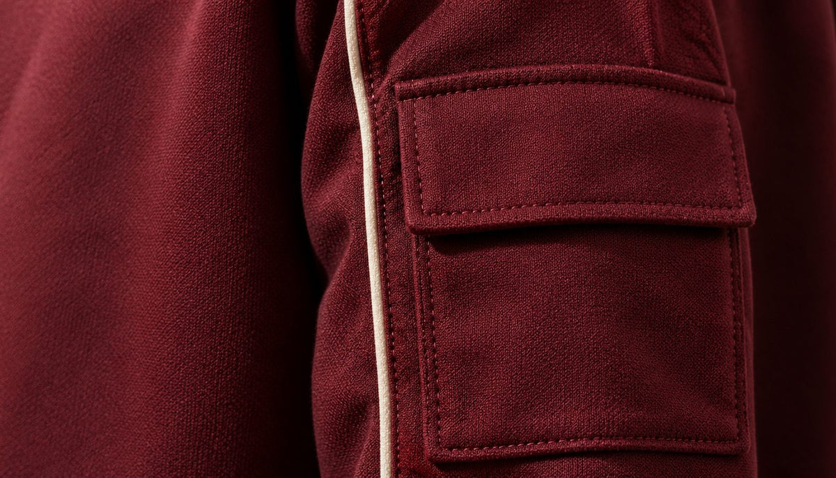 Close-up of the flap cargo pocket at the top of the sleeve.