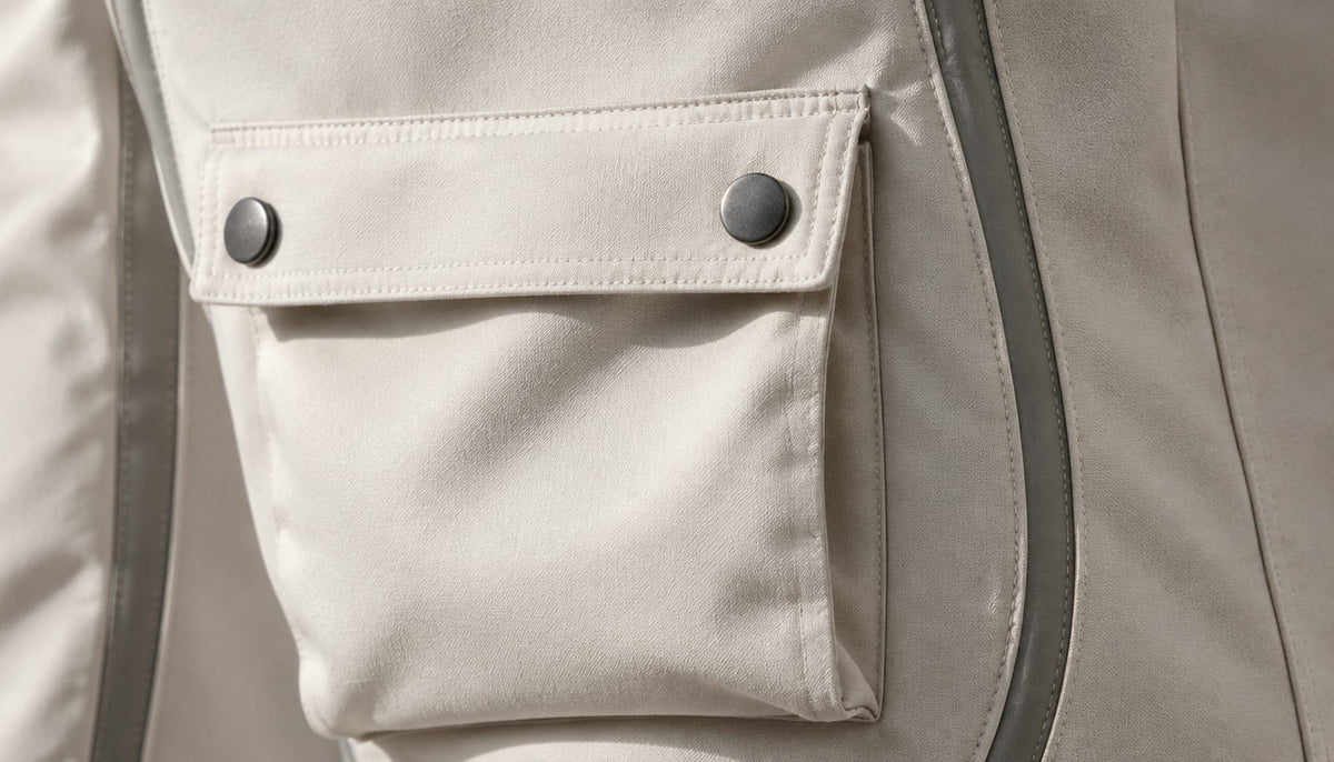Close-up of a snap-fastened flap cargo pocket on the thigh.