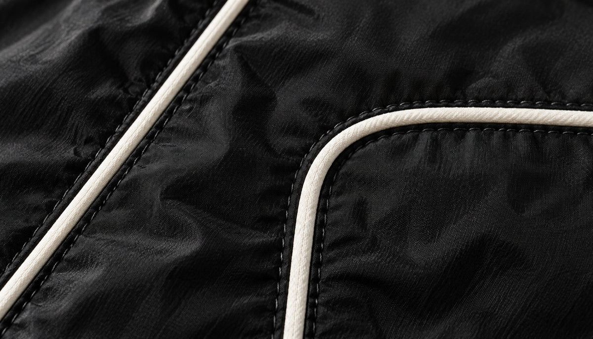 Gros plan sur le liseré clair qui dessine une boucle sur le tissu noir de la poitrine.