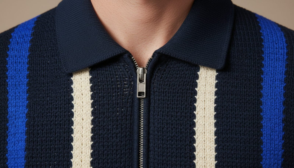 Gros plan sur le col chemise en maille marine, le haut du zip et les premières rayures sous le col.
