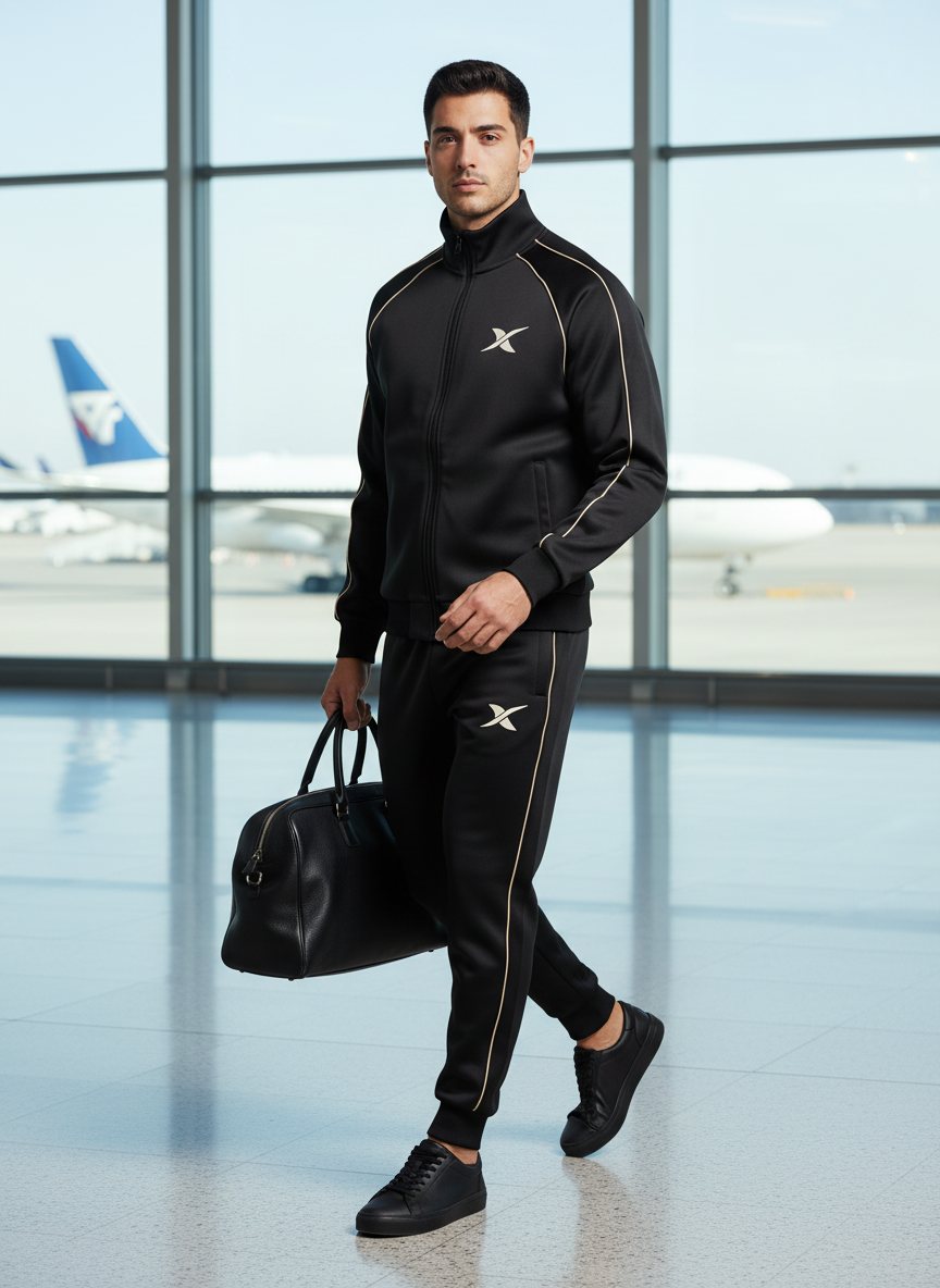 Le mannequin traverse un hall d'aéroport, sac à la main.
