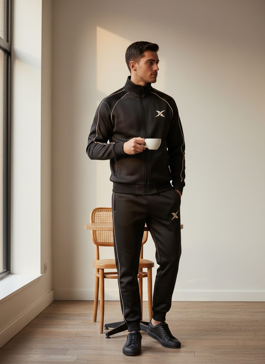 Le mannequin porte l'ensemble dans un café, près d'une fenêtre.