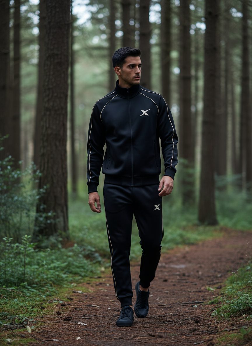 Le mannequin marche sur un chemin forestier, vêtu de l'ensemble.