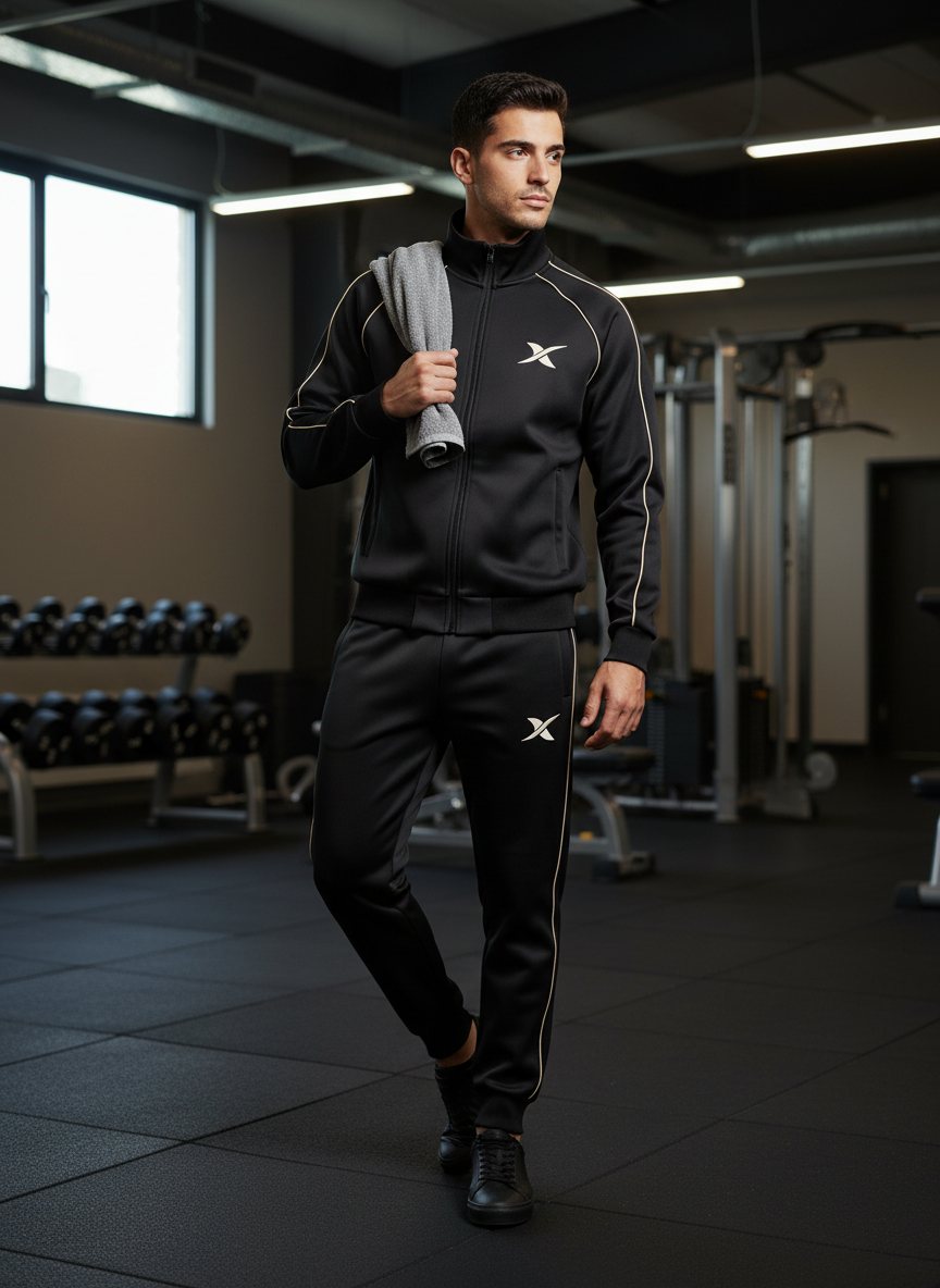 Le mannequin porte l'ensemble Arc Piping dans une salle de sport.