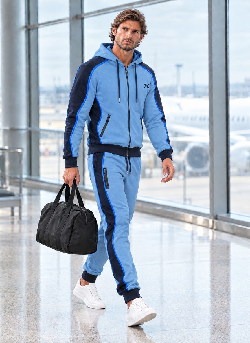 Le mannequin traverse un couloir d'aéroport, sac à la main, vêtu de l'ensemble Sweep Zip.