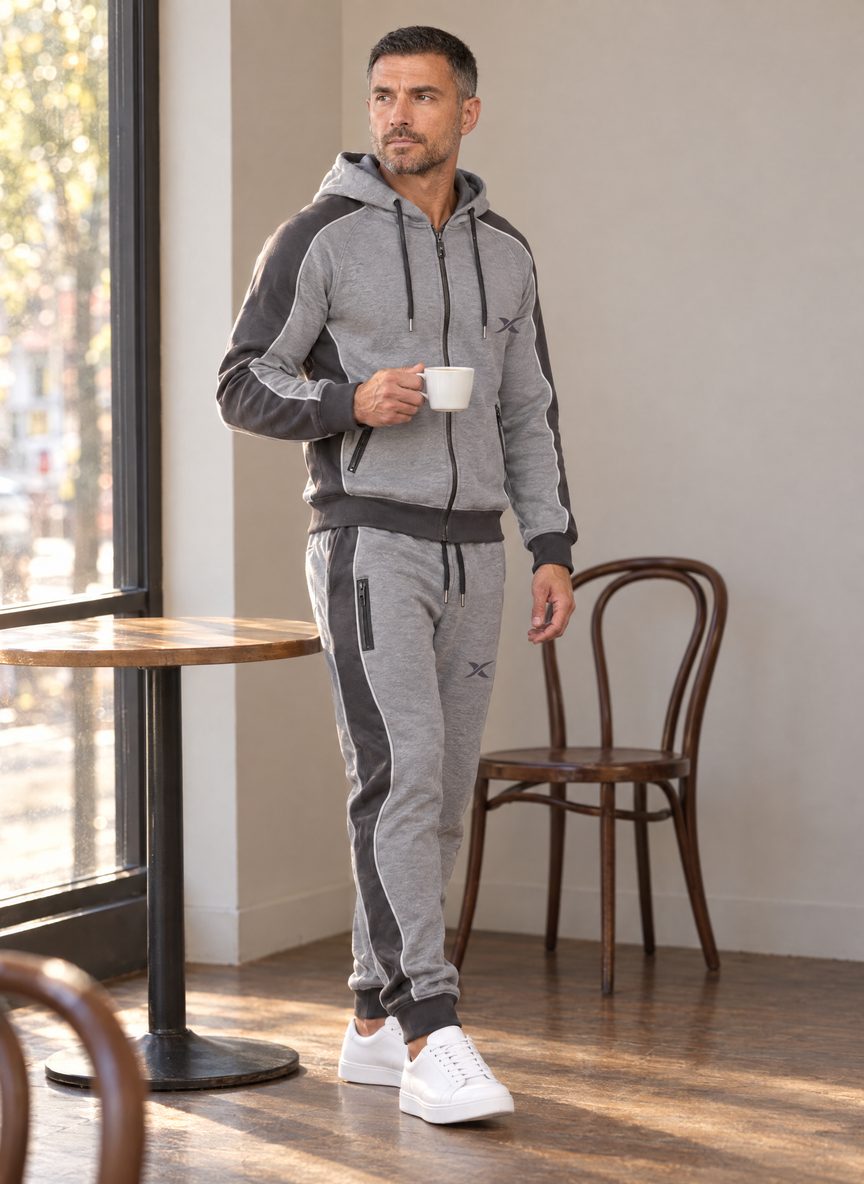 Le mannequin porte l'ensemble Sweep Zip dans un café, près d'une fenêtre.