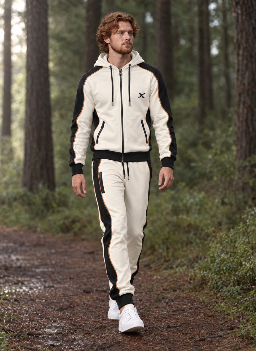 Le mannequin marche sur un chemin forestier, vêtu de l'ensemble Sweep Zip.