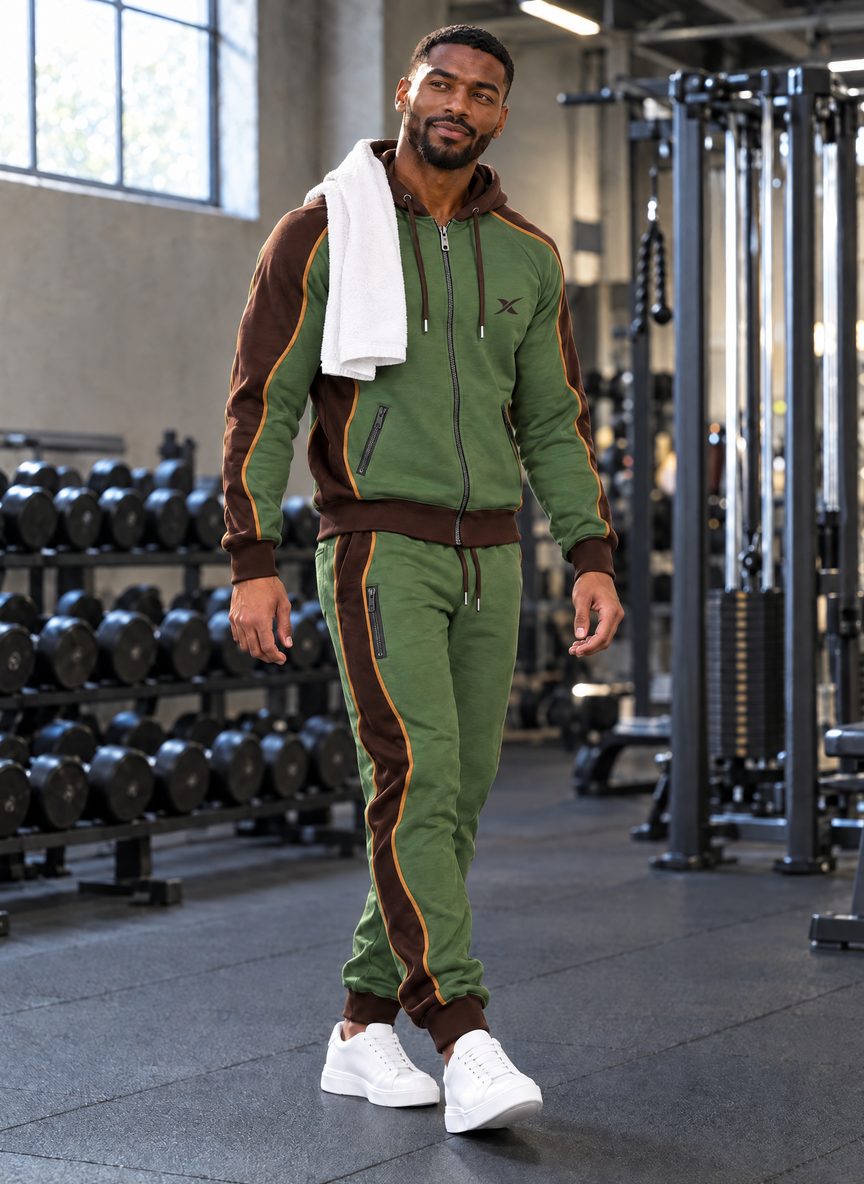 Le mannequin porte l'ensemble Sweep Zip dans une salle de sport.