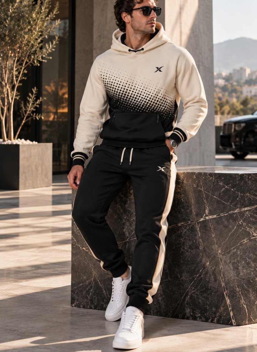 A man leaning against a marble block in the city, in an ivory hoodie with a black dot gradient and black joggers