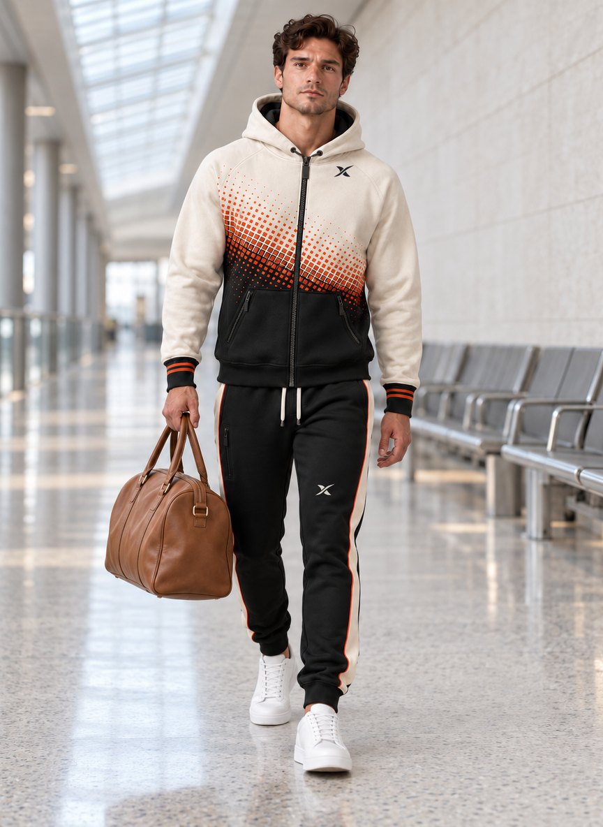 Le mannequin traverse un couloir d'aéroport, un sac en cuir à la main, vêtu de l'ensemble Capuche V2 Zip Ember.