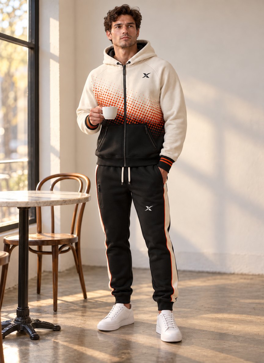 Le mannequin porte l'ensemble Capuche V2 Zip Ember dans un café, près d'une fenêtre, une tasse à la main.