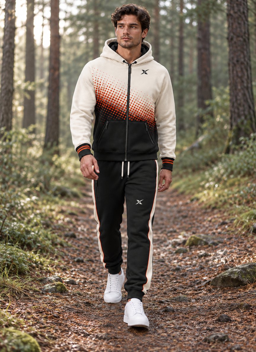 Le mannequin marche sur un chemin forestier, vêtu de l'ensemble Capuche V2 Zip Ember.