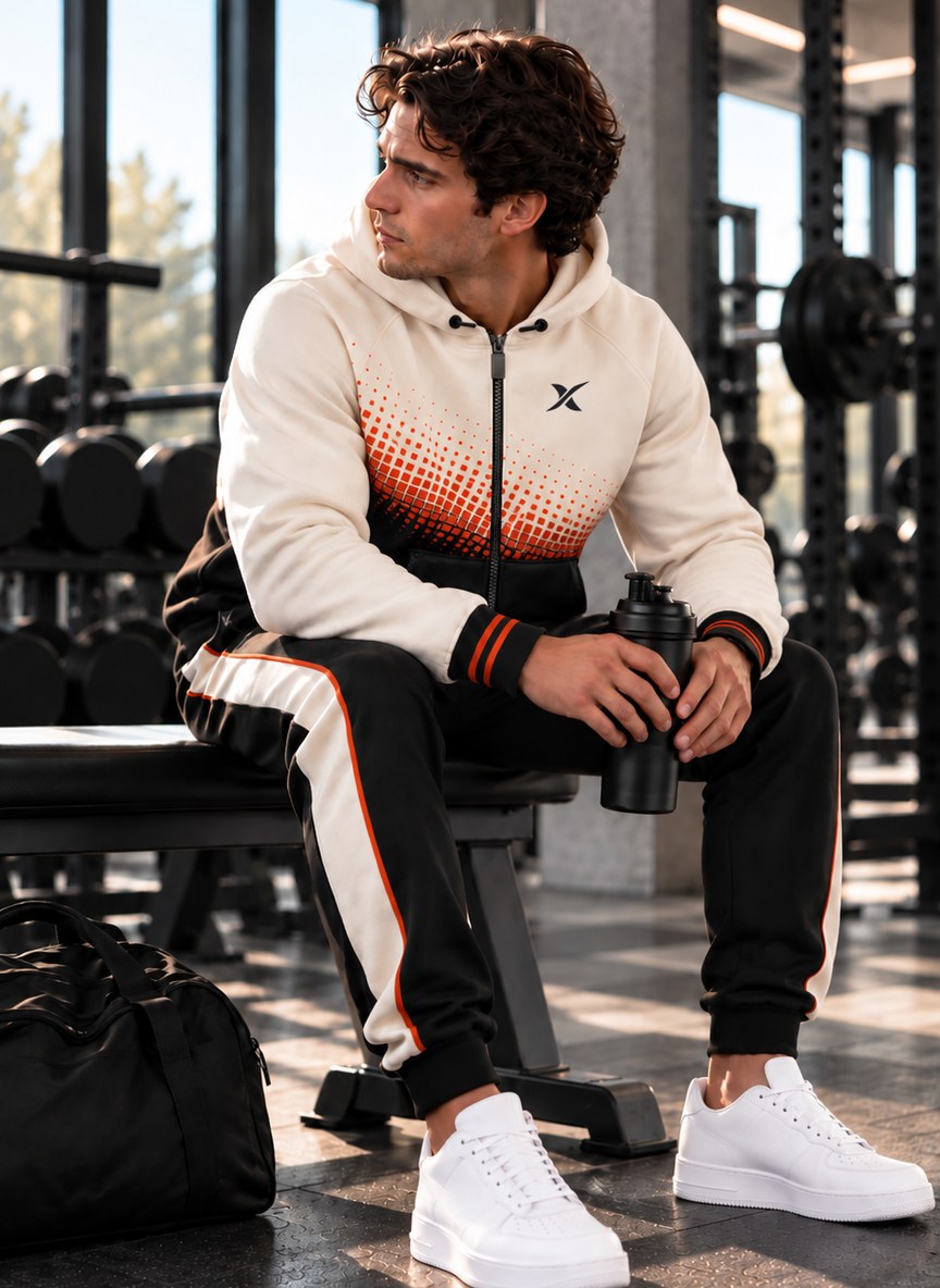 Le mannequin, assis sur un banc de musculation, porte l'ensemble Capuche V2 Zip Ember, sweat à capuche zippé, une gourde à la main.