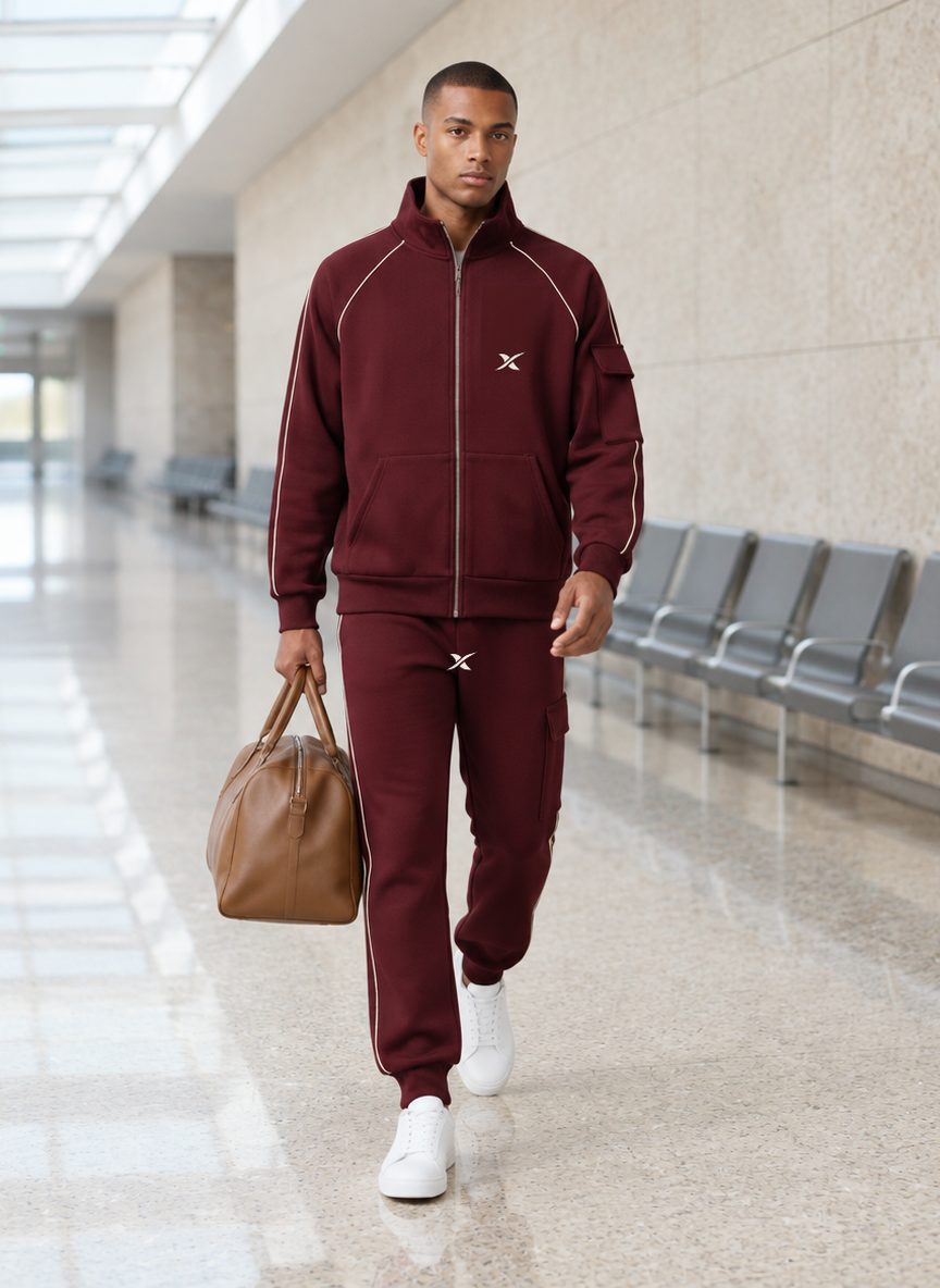 The model walks through an airport corridor, bag in hand, dressed in the Cargo Zip Set.