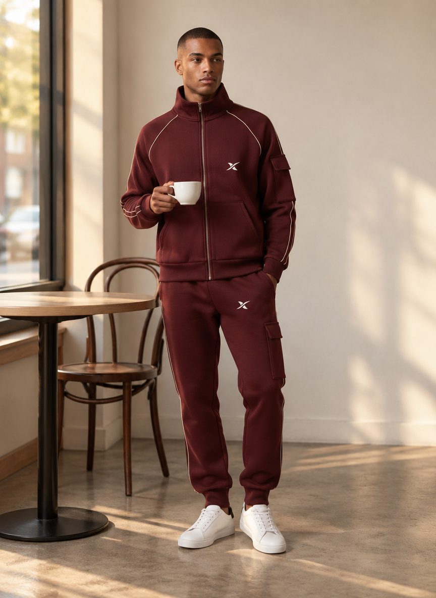 The model wears the Cargo Zip Set in a café, by a window.