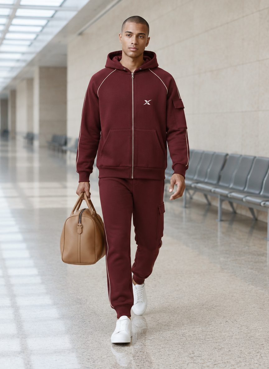 Le mannequin traverse un couloir d'aéroport, sac à la main, vêtu de l'ensemble Cargo Zip Capuche.