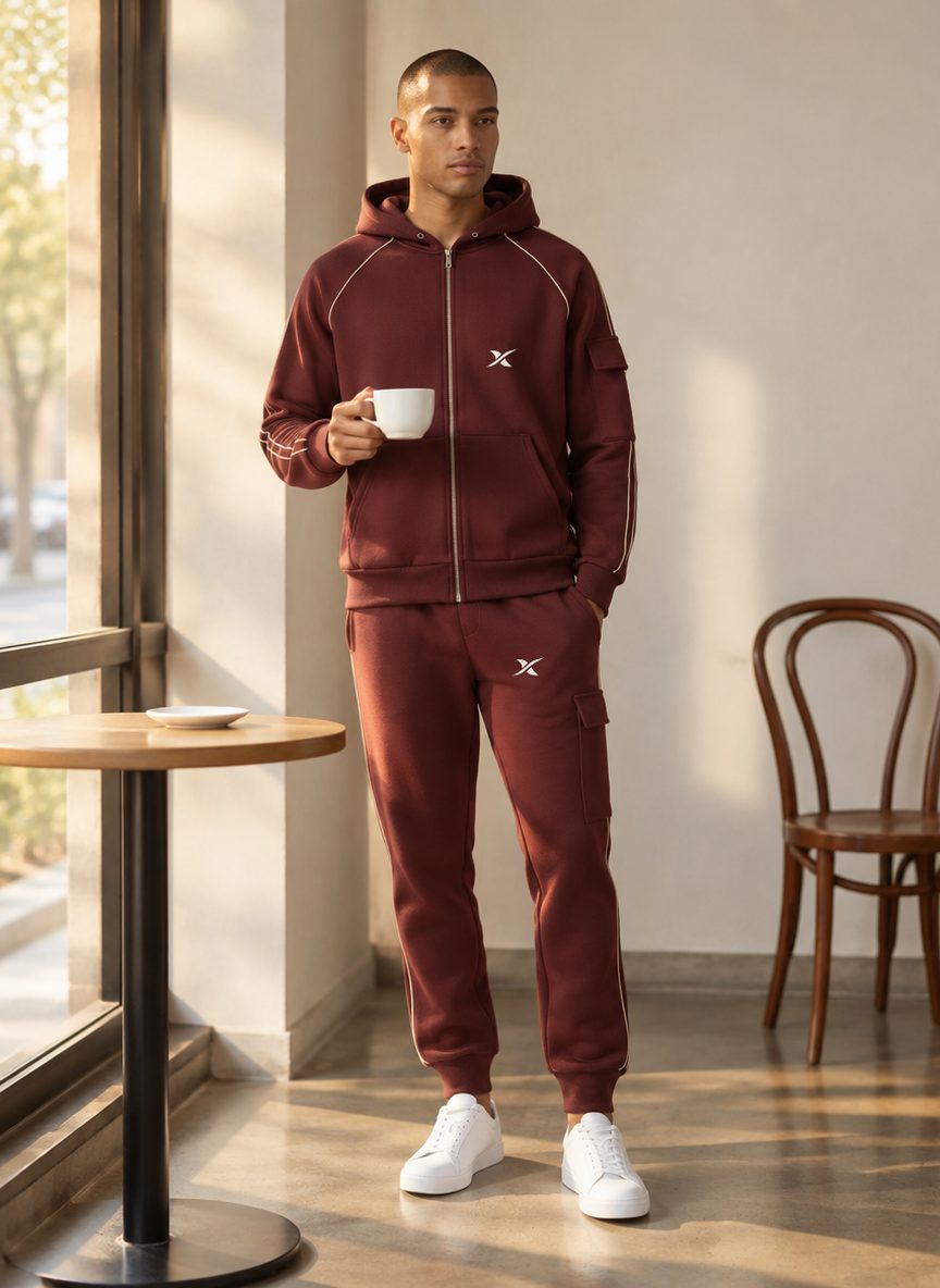 Le mannequin porte l'ensemble Cargo Zip Capuche dans un café, près d'une fenêtre.