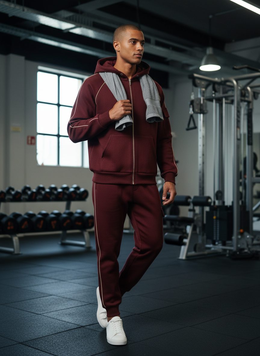 Le mannequin porte l'ensemble Cargo Zip Capuche dans une salle de sport.