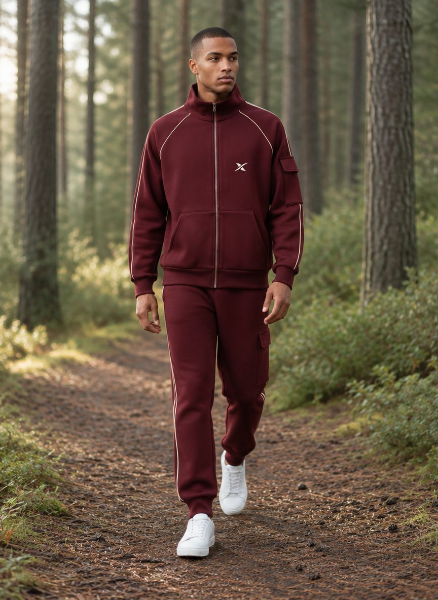 The model walks along a forest path, dressed in the Cargo Zip Set.