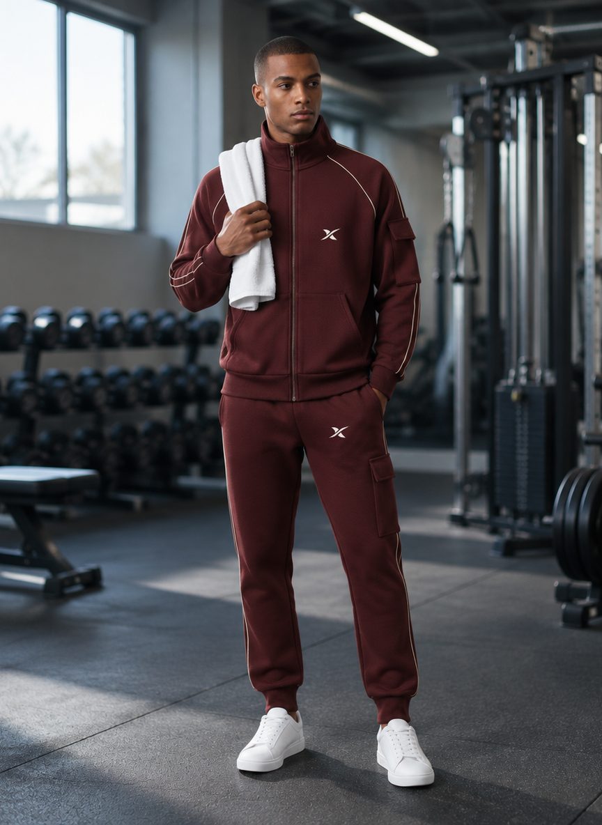 The model wears the Cargo Zip Set in a gym.