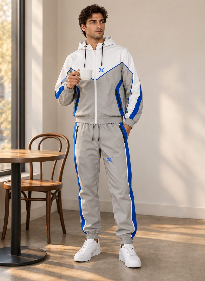 Le mannequin porte l'ensemble Chevron Shell Capuche dans un café, près d'une fenêtre.