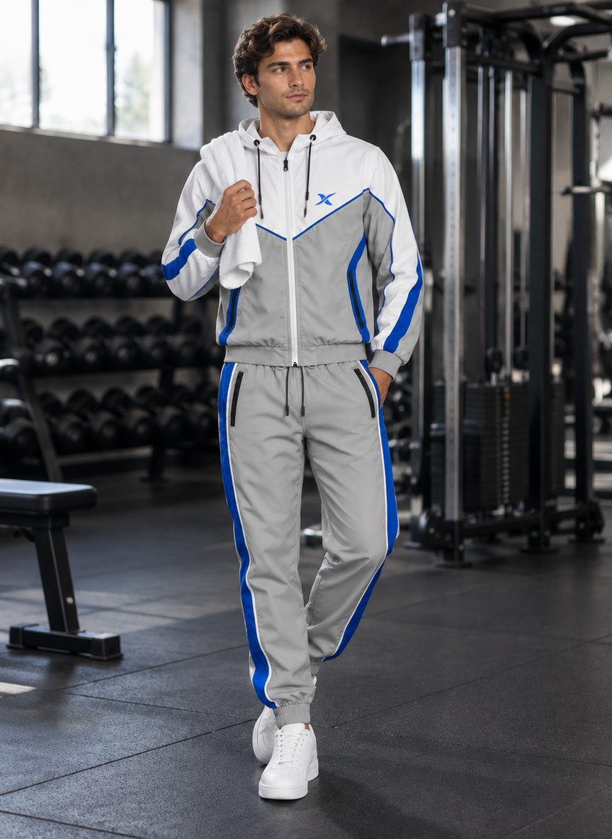 Le mannequin porte l'ensemble Chevron Shell Capuche dans une salle de sport.