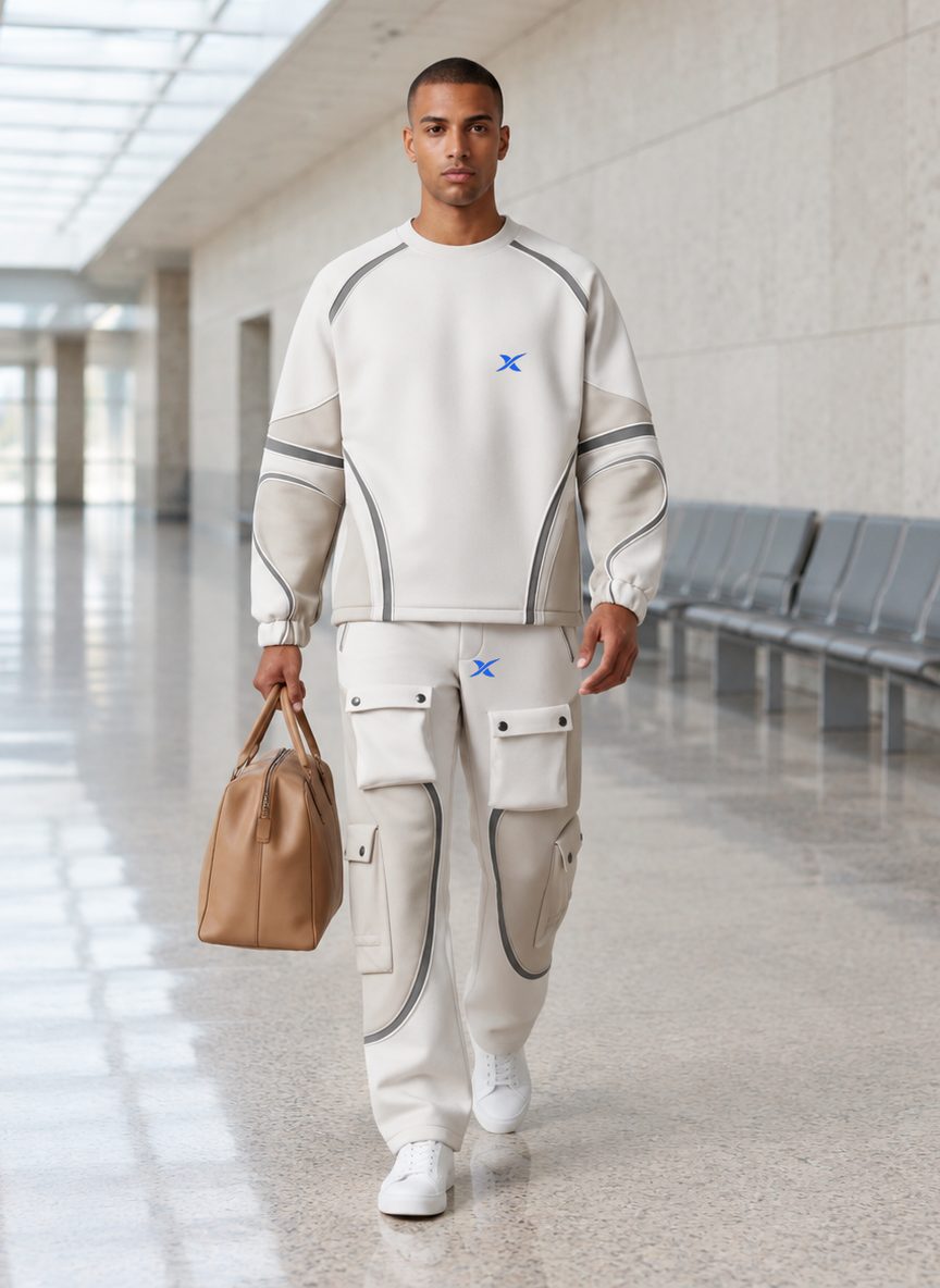 The model walks through an airport corridor, bag in hand, dressed in the Curve Panel Set.