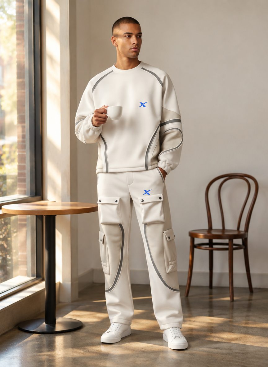 The model wears the Curve Panel Set in a café, by a window.