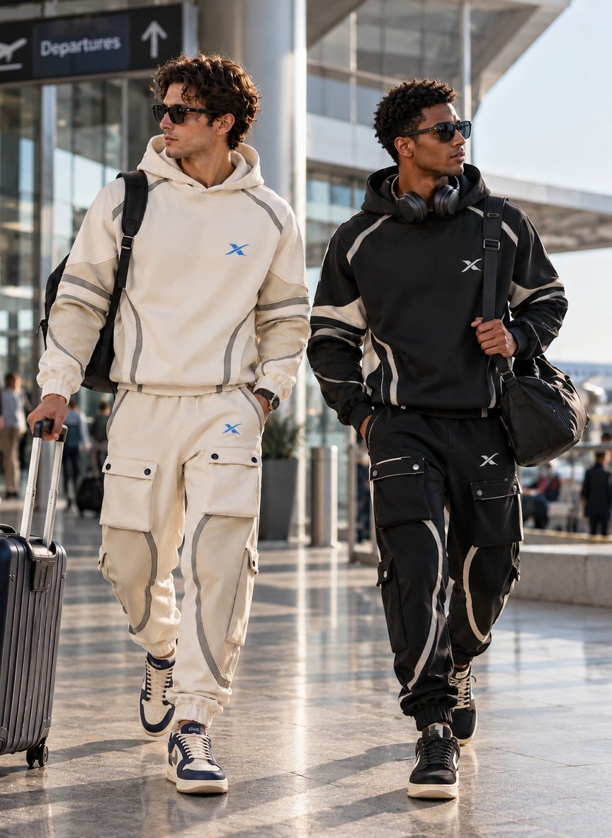 Deux hommes traversent un hall d'aéroport, valise et sac à la main : l'un en ensemble Curve Panel Capuche Original, l'autre dans le même modèle en version foncée.