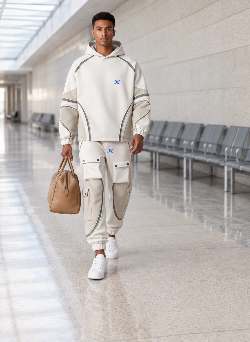 Le mannequin traverse un couloir d'aéroport, sac à la main, vêtu de l'ensemble Curve Panel Capuche.