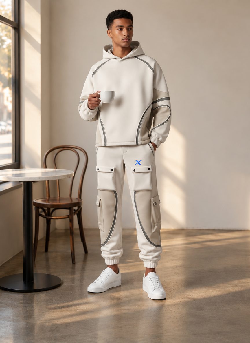 Le mannequin porte l'ensemble Curve Panel Capuche dans un café, près d'une fenêtre.