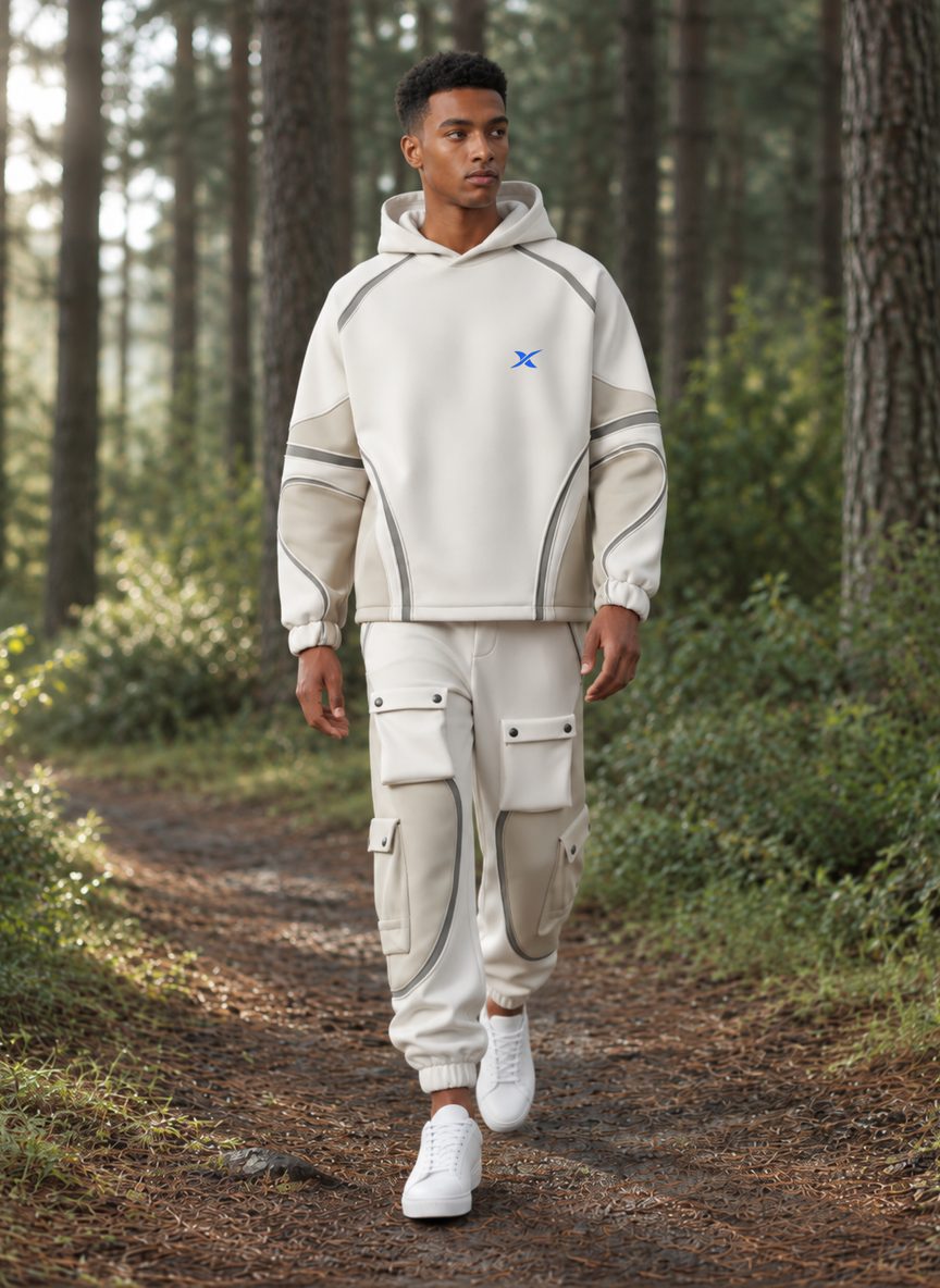 Le mannequin marche sur un chemin forestier, vêtu de l'ensemble Curve Panel Capuche.