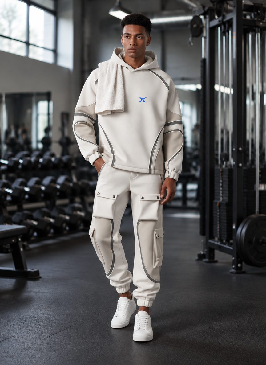 Le mannequin porte l'ensemble Curve Panel Capuche dans une salle de sport.