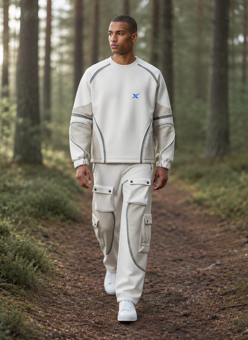 The model walks along a forest path, dressed in the Curve Panel Set.